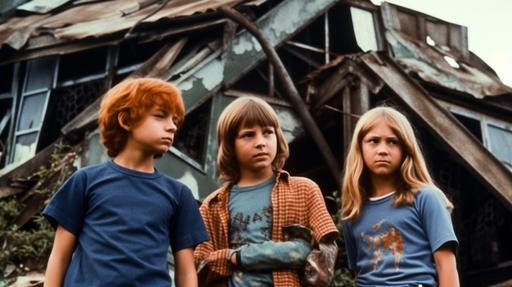 A color photo in 1971 meanest kids in the world three skinny strawberry blond boys ages 15, 11, 8 and two skinny strawberry blond girls aged 13, 5, standing in front of an old broken down house. Detailed, in martin scorsese style, cinematic, hyperrealistic, high resolution, clear facial features, 80mm lens, --v 5 --s 750 --ar 16:9
