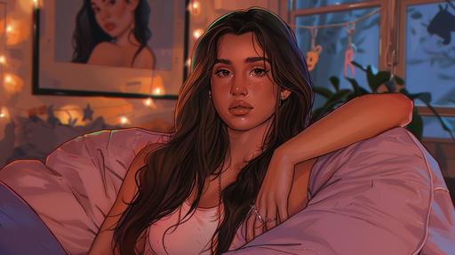 A color sketch in hand-drawn style depicting a young beautiful college-aged woman with long wavy dark brown hair and brown eyes, showing a pouty/upset expression looking at the viewer. She's sitting in a pink beanbag, arms crossed, in a dorm room at night. The room is adorned with LED string lights and cute decor on the walls, creating a cozy atmosphere. Outside, a few lights from other dorm buildings illuminate a quaint college campus. The scene captures a blend of personal space and the wider college environment at night. Created Using: subtle color palette, emotion-focused sketching, night-time dorm setting, cozy ambiance, detailed facial features, indoor-outdoor contrast, hd quality, natural look --ar 16:9 --v 6.0