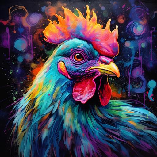 A colorful piece of art featuring a Chicken, neon, in the style of psychedelic tableaux, dark and intricate, rainbow core, dark silver and dark cyan, alcohol ink, made of all of the above, luminous atmosphere, high resolution, uhd image