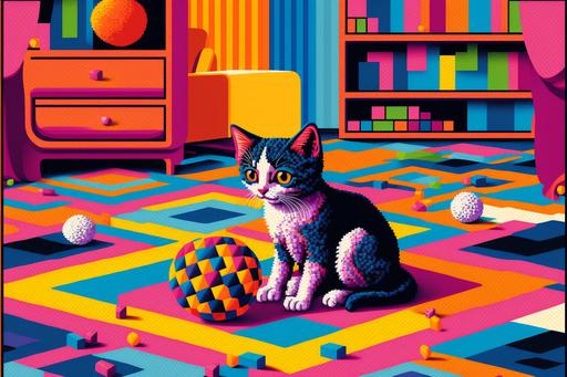 A colorful pop art deco room with a cute kitten playing with a ball of yarn on a geometric patterned carpet. --ar 3:2 --v 4