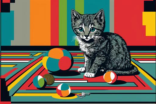 A colorful pop art deco room with a cute kitten playing with a ball of yarn on a geometric patterned carpet. --ar 3:2 --v 4