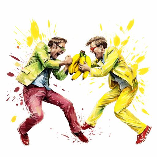 A colorful sketch on white background of 2 people hitting each other with bananas in funny way