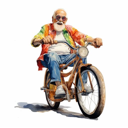 A colorful sketch white background, a old grandpa riding a tri-cycle