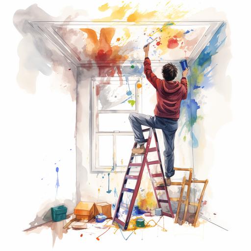 A colorful sketch white background, a person painting a ceiling and falling from ladder while doing so