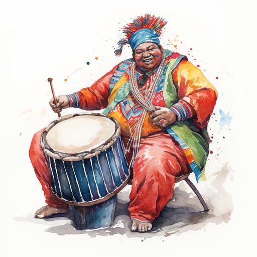 A colorful sketch white background, a person with a big belly playing it as a drum