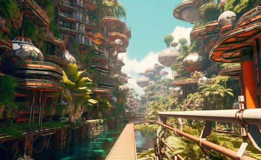 A colorful verdant well manuicured futuristic african solarpunk futuristic waterfront neighborhood seen through first person perspective, Detailed scenery, rich and immersive, full color 4K photograph --ar 44:27 --q 2