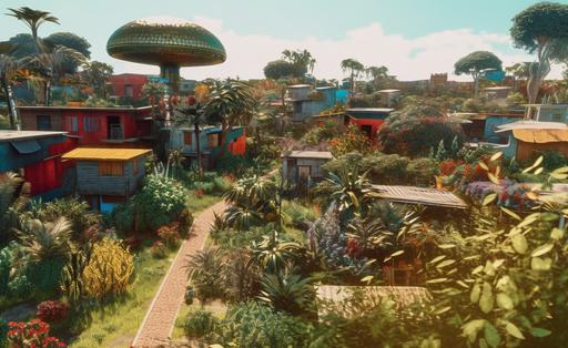 A colorful verdant well manuicured futuristic african solarpunk neighborhood seen through first person perspective, Detailed scenery, rich and immersive, full color 8K photograph --ar 44:27 --q 2