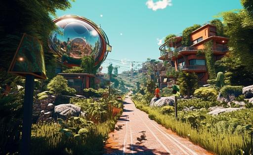 A colorful verdant well manuicured futuristic african solarpunk futuristic neighborhood seen through first person perspective, Detailed scenery, rich and immersive, full color 8K photograph --ar 44:27 --q 2