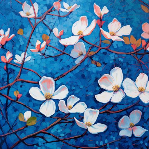 A colorful vibrant inky painting of dogwood blossoms with a rich, vibrant blue background no text, abstract impressionism --s 750 --q 2