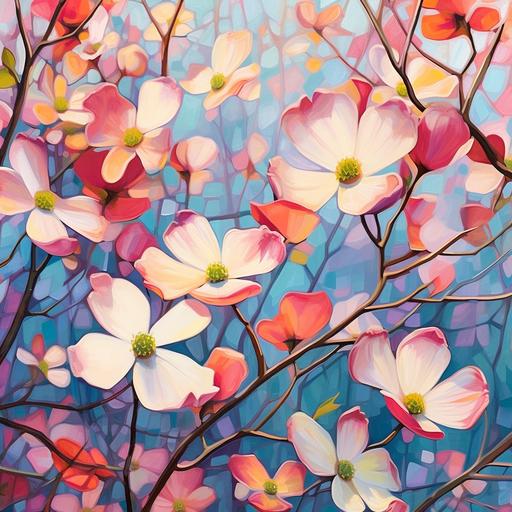 A colorful vibrant painting of dogwood blossoms no text, abstract impressionism --s 750 --q 2