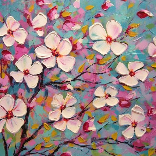 A colorful vibrant painting of dogwood blossoms no text, abstract impressionism --s 750 --q 2