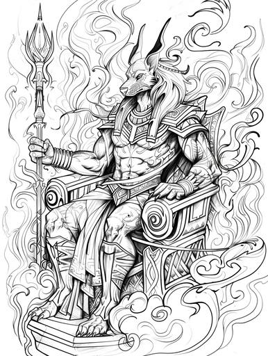 A coloring page of the mythological egyptian god Anubis , holding his scepter while sitting on a throne, wrapped in smoke lines. He is surrounded by swirling clouds and fog of the underworld, The background should be white to highlight details for easy drawing. Clean black outline. cartoon, illustrative, style. High detail. no color --ar 3:4