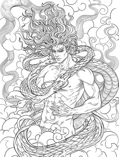 A coloring page of the mythological figure hades, depicted as an attractive man with snake hair and fangs, holding his chest while sitting on top of two snakes around him, wrapped in smoke lines. He is surrounded by swirling clouds and fog. The background should be white to highlight details for easy drawing. No shadows or shading houses . Clean black outline. cartoon style. low detail. no color --ar 3:4