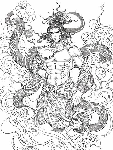 A coloring page of the mythological figure hades, depicted as an attractive man with snake hair and fangs, holding his chest while sitting on top of two snakes around him, wrapped in smoke lines. He is surrounded by swirling clouds and fog. The background should be white to highlight details for easy drawing. No shadows or shading houses . Clean black outline. cartoon style. low detail. no color --ar 3:4