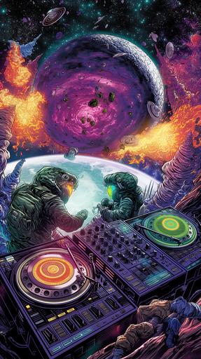 A comic book cover about a cosmic cyborg DJ character. floating in the vastness of space, surrounded by swirling nebulae and distant stars. In the center of the arena, two DJs face off, each surrounded by a pulsating aura of energy representing their respective planets. On the left, a DJ from a rocky, desert planet, their turntables and mixer glowing with an earthy, orange hue, symbolizing their mastery over the planet's natural frequencies. On the right, a DJ from a lush, green world, their equipment emitting a vibrant green light, showcasing their control over the planet's harmonious vibrations. The DJs' expressions are intense, focused, as if they are about to unleash a sonic battle of epic proportions. In the background, a crowd of alien spectators watches in awe, representing the diverse species and cultures of the galaxy. Some cheer, while others look on with trepidation, aware of the immense power at play. --ar 9:16 --v 6.0