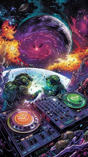 A comic book cover about a cosmic cyborg DJ character. floating in the vastness of space, surrounded by swirling nebulae and distant stars. In the center of the arena, two DJs face off, each surrounded by a pulsating aura of energy representing their respective planets. On the left, a DJ from a rocky, desert planet, their turntables and mixer glowing with an earthy, orange hue, symbolizing their mastery over the planet's natural frequencies. On the right, a DJ from a lush, green world, their equipment emitting a vibrant green light, showcasing their control over the planet's harmonious vibrations. The DJs' expressions are intense, focused, as if they are about to unleash a sonic battle of epic proportions. In the background, a crowd of alien spectators watches in awe, representing the diverse species and cultures of the galaxy. Some cheer, while others look on with trepidation, aware of the immense power at play. --ar 9:16