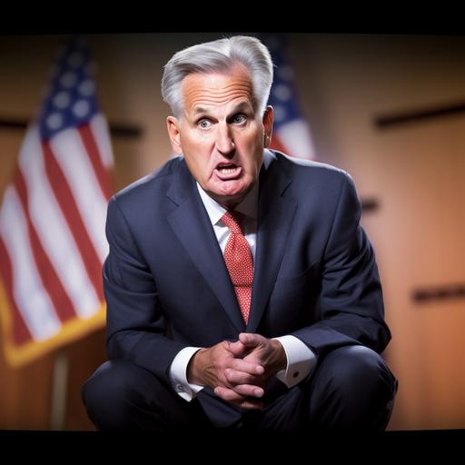 A comical caricature cartoon of Speaker of the U.S. House of Representatives Kevin McCarthy. He has a fearful facial expression and his full body is crouching down and cowering in the corner of a room.