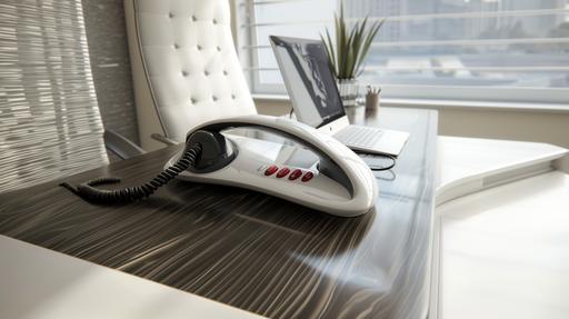 A conceptual device from 10 years in the future, that matches this Office Phone System with Corded Base Unit   Cordless Handset: Enjoy the clarity of corded landline calls with the flexibility of using a cordless handset anywhere in the home or office; add cordless handsets (sold separately) to grow your phone system Advanced Call Blocking: Automated Call Block pre-blocks robocalls; Telemarketing Call Block lets you to block announced callers; block 1K more with 1-touch Call Block Button on the handset Record Your Calls: 2-Way Recording ensures you never miss an important detail in your business conversations, to confirm what was said and avoid mistakes; Recording Start button makes it easy, and deters nuisance calls Hands-Free Phone Functions that Simplify Your Life: Hear caller announcements in English or Spanish with Taking Caller ID; Full duplex speakerphone lets you use your handset hands-free and even answer calls by voice command Large Phone Base with Easy to Use Features; Large tiltable 3.4-inch LCD display gives a clear reading of who's calling, with one-touch dial buttons for frequently dialed numbers; a big red call block button makes it easy to block nuisance calls --ar 16:9 --s 50