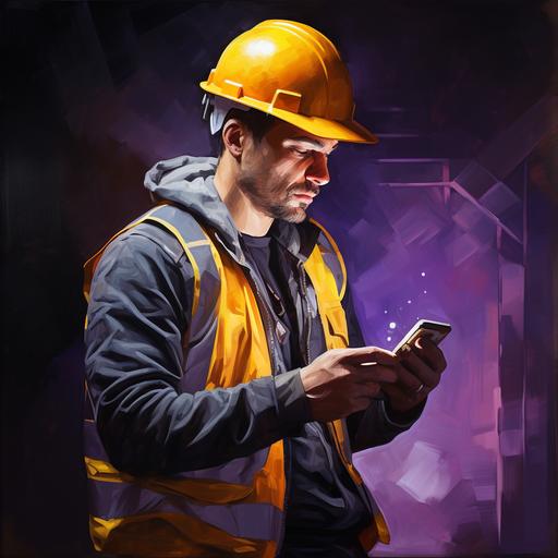 A construction worker with a yellow hard hat and purple overalls holding a cell phone to the camera, front view, slight purple light from both the left and right sides, realistic