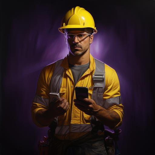 A construction worker with a yellow hard hat and purple overalls holding a cell phone to the camera, front view, slight purple light from both the left and right sides, realistic