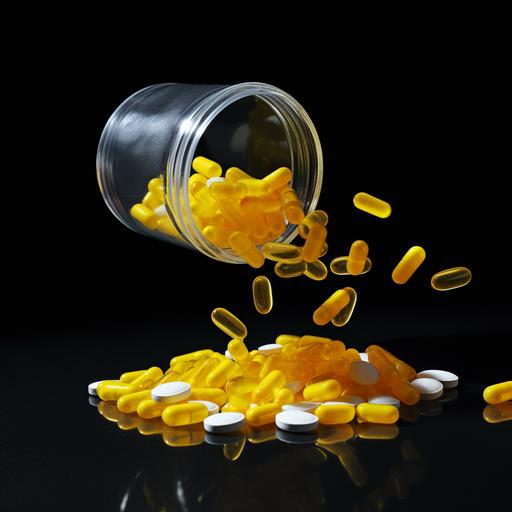 A container with medication has been tipped over, spilling a few yellow, oval-shaped, transparent pills.