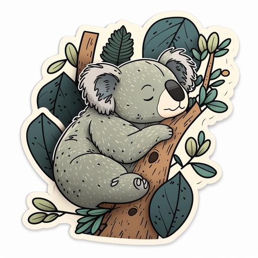 A contented koala bear snuggled up in a tree with a eucalyptus leaf in its paw, sticker design, cartoon style, ultra details