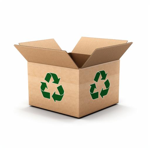 A corrugated brown box, box art of reuse reduce and recycle logo, white background, photorealistic, 8k, ultra high quality, box image is high quality close view, box with open flaps