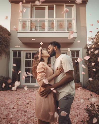 A couple celebrating in front of their new house, which is crafted with peach-colored roses with hints of pink. Something you never have seen before. The image is hyperrealistic, resembling a stock photo. --ar 1080:1350 --v 5.0