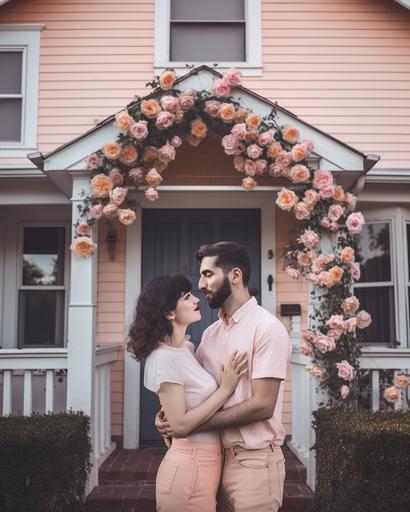 A couple celebrating in front of their new house, which is crafted with peach-colored roses with hints of pink. The image is hyperrealistic, resembling a stock photo. Something you never have seen before. --ar 1080:1350 --v 5.0