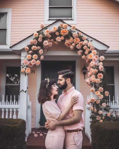 A couple celebrating in front of their new house, which is crafted with peach-colored roses with hints of pink. The image is hyperrealistic, resembling a stock photo. Something you never have seen before. --ar 1080:1350 --v 5.0
