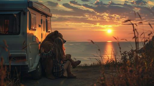 A couple in love is sitting by the camper at sunset, he is a 190 cm tall bear with long slightly dark hair, she is an angel 170 cm tall, they are hugging and looking at the sun on the ocean coast, all combined in one image, hyper realistic --v 6.0 --ar 16:9 --style raw