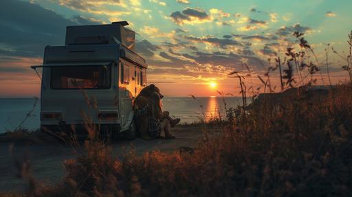A couple in love is sitting by the camper at sunset, he is a 190 cm tall bear with long slightly dark hair, she is an angel 170 cm tall, they are hugging and looking at the sun on the ocean coast, all combined in one image, hyper realistic --v 6.0 --ar 16:9 --style raw