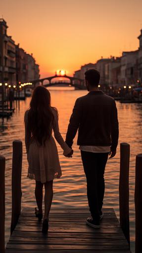 A couple is holding hands and looking at the canal on the Rialto Bridge in Venice, Italy at sunset, --ar 9:16