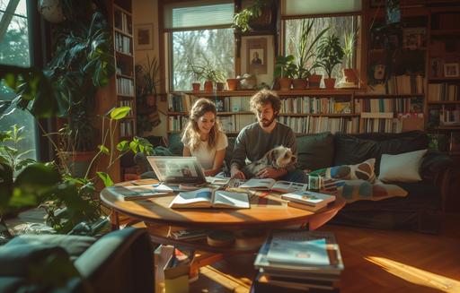 A couple sits in a sun-drenched living room, surrounded by scattered dog breed books and a laptop open to an animal shelter's adoption page. They share a thoughtful, dreamy expression as they imagine the joy and chaos a dog would bring into their lives. The room is filled with soft, natural light, casting gentle shadows and creating a serene, hopeful atmosphere. The color palette is warm and inviting, with earth tones and soft pastels highlighting the couple's cozy home environment. The composition is intimate, focusing on their faces and the open books, capturing the moment of contemplation and the warmth of their shared dream. --ar 39:25 --v 6.0 --s 250 --style raw