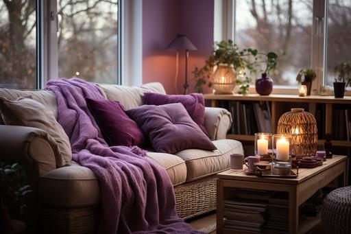 A cozy and relaxing living room with a purple and cream theme. The sofa has a cream fabric and purple cushions. Two cream side tables with purple lamps flank the sofa. A cream armchair sits in a corner of the room, next to a window that lets in natural light. It has a purple blanket and a purple pillow on it. A purple rug covers part of the floor under the armchair. A bookcase holds several books, magazines, frames, candles, plants, and other items that reflect your hobbies, interests or passions. --style raw --ar 3:2 --s 750
