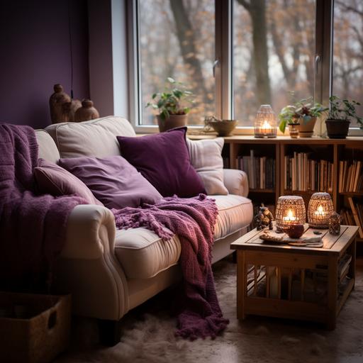 A cozy and relaxing living room with a purple and cream theme. The sofa has a cream fabric and purple cushions. Two cream side tables with purple lamps flank the sofa. A cream armchair sits in a corner of the room, next to a window that lets in natural light. It has a purple blanket and a purple pillow on it. A purple rug covers part of the floor under the armchair. A bookcase holds several books, magazines, frames, candles, plants, and other items that reflect your hobbies, interests or passions. --style raw --s 750