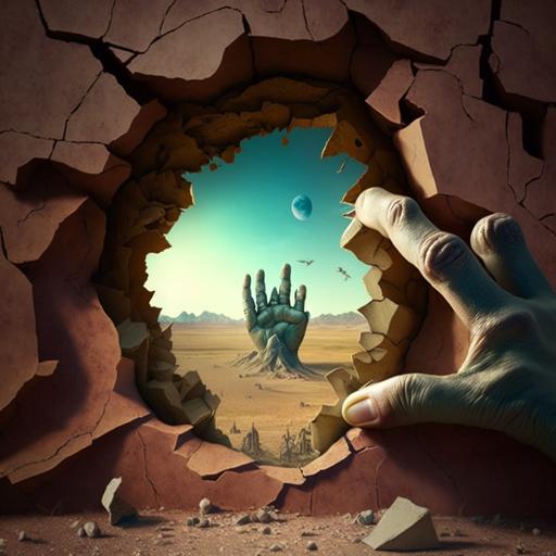 A cracked hole in a wall with a creatures hand and fingers coming through the hole, the creatures fingers are holding the wall through the hole, in the distance is a alien landscape,