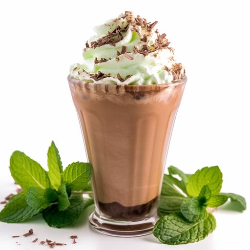 A cup of chocolate mint frappe, well decorated with whipped cream, chocolate shavings, and a mint sprig. The frappe should be a rich chocolate color, and the whipped cream should be light and fluffy. The chocolate shavings should be evenly distributed, and the mint sprig should be placed in the center of the cup. The frappe should be in a realistic style.