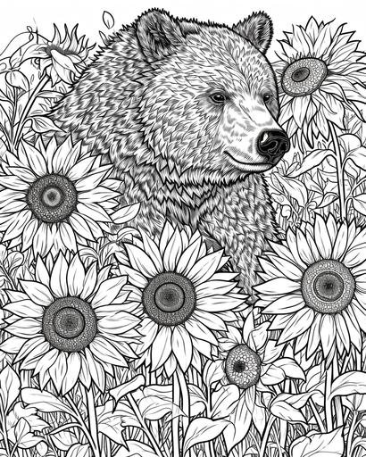 A curious bear amidst sunflowers, the bear's fur detailed for shading. Sunflowers with thick stems and full blooms, ideal for a coloring page for adults, black and white, greyscale --ar 4:5 --v 6.0