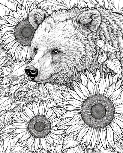 A curious bear amidst sunflowers, the bear's fur detailed for shading. Sunflowers with thick stems and full blooms, coloring page for adults, black and white, greyscale --ar 4:5 --v 6.0