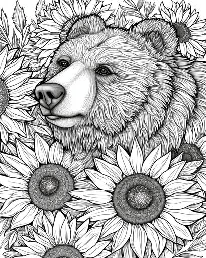 A curious bear amidst sunflowers, the bear's fur detailed for shading. Sunflowers with thick stems and full blooms, coloring page for adults, black and white, greyscale --ar 4:5 --v 6.0