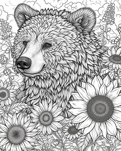 A curious bear amidst sunflowers, the bear's fur detailed for shading. Sunflowers with thick stems and full blooms, ideal for a coloring page for adults, black and white, greyscale --ar 4:5 --v 6.0