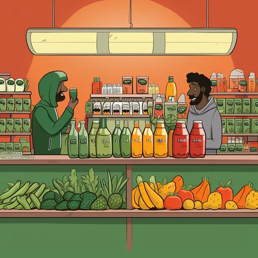 A customer choose a green juice over red orange juice in a grocery store in cartoon theme