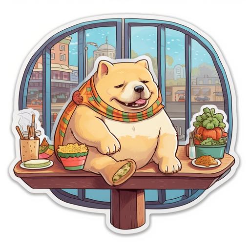 A cut-out sticker a fluffy, chubby dog, thoroughly enjoying a gourmet sandwich cheese ham salad, set against the hustle and bustle of a charming city cafe. --v 5.1