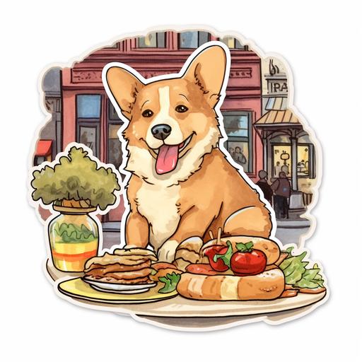 A cut-out sticker a fluffy, chubby dog, thoroughly enjoying a gourmet sandwich cheese ham salad, set against the hustle and bustle of a charming city cafe. --v 5.1
