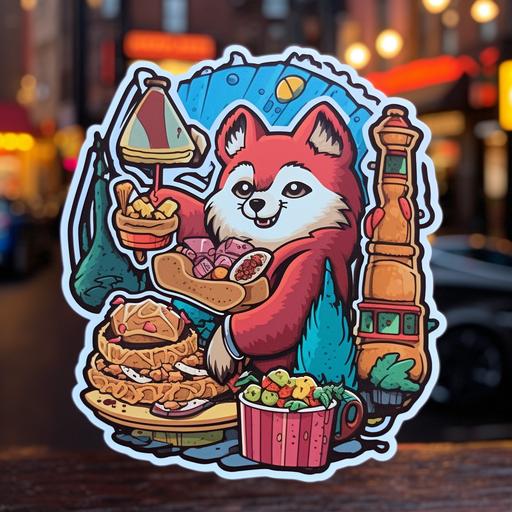 A cut-out sticker featuring a sly raccoon sneaking a bite from a Canadian poutine, against the backdrop of a vibrant street food market. --v 5.1