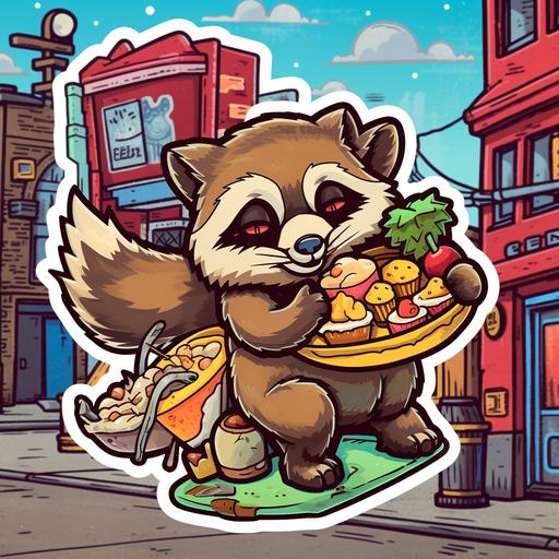 A cut-out sticker featuring a sly raccoon sneaking a bite from a Canadian poutine, against the backdrop of a vibrant street food market. --v 5.1