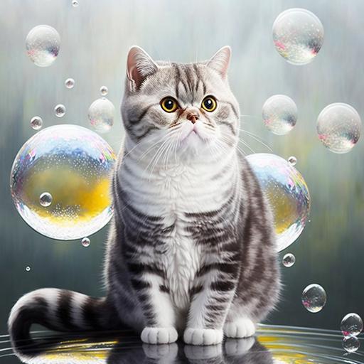A cute American shorthair cat, chubby, eyes big and round nose, with a very cute bubble background.