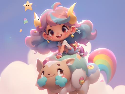 A cute Rainbow girl that is with her cute pet. Running on a mini globe scenery with fluffy clouds, a cute sun and star with a kawaii face. A very cute 3D character. --ar 4:3 --style expressive --niji 5 --v 5 --s 750 --v 5 --s 750 --v 5 --s 750 --v 5 --s 750 --q 2 --s 250 --s 250 --s 250 --s 250 --s 250