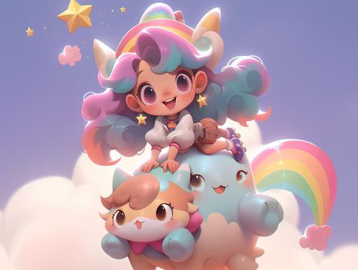 A cute Rainbow girl that is with her cute pet. Running on a mini globe scenery with fluffy clouds, a cute sun and star with a kawaii face. A very cute 3D character. --ar 4:3 --style expressive --niji 5 --v 5 --s 750 --v 5 --s 750 --v 5 --s 750 --v 5 --s 750 --q 2 --s 250 --s 250 --s 250 --s 250 --s 250